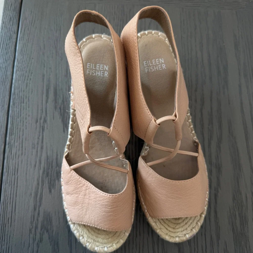 Eileen‎ Fisher Tan Leather Espadrille Wedge Sandals Lace Up 7.5 Nude Boho Summer